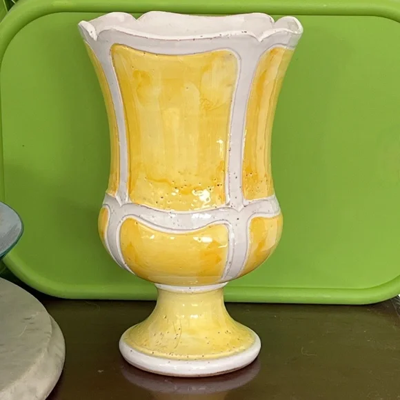 Mid Century Bitossi Era Italian Art Pottery Jardiniere Vase Yellow White Sticker